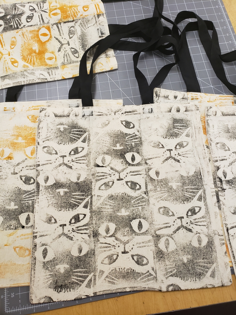 Hand-Printed Cat Pattern Tote Bag — Black and White